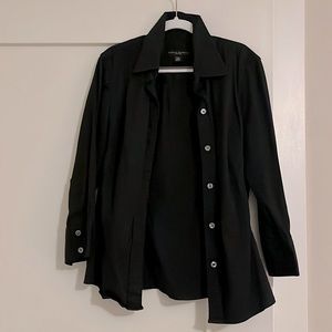 Basic black tapered dress shirt. Cinch waist. Three-quarter length sleeve.